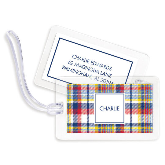 Navy and Red Madras Plaid Luggage Tags